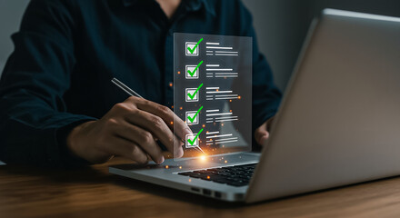 Digital checklist task management online with laptop efficiency planning productivity and process with businessman