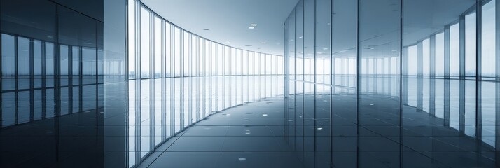 Obraz premium Modern corporate glass interior with minimalist geometric design and reflective floors.