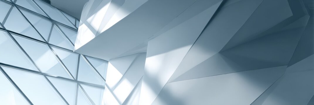 Modern corporate building interior with geometric white walls and glass windows