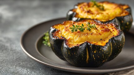 A stuffed acorn squash isolated on pale gray, editorial presentation