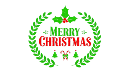 Merry christmas text with holly and laurel wreath, isolated on transparent background