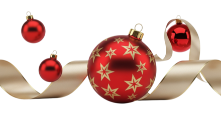 Shiny red christmas ornaments with star patterns and a golden ribbon, creating a festive holiday atmosphere, isolated on a transparent background