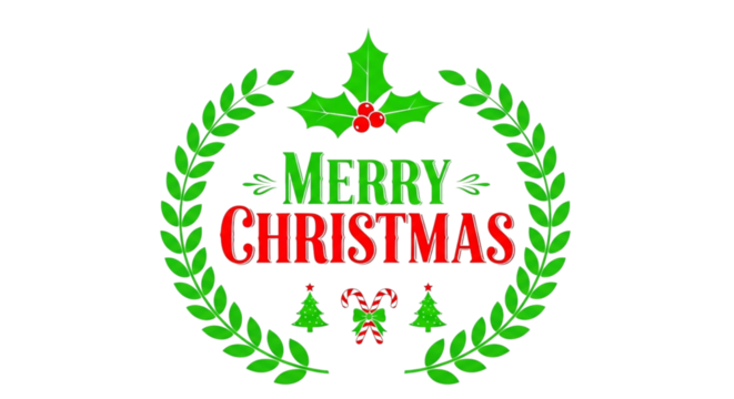 Merry christmas text with holly and laurel wreath, isolated on transparent background