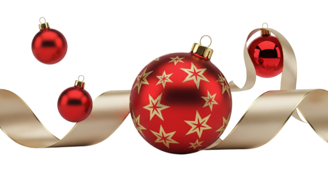 Shiny red christmas ornaments with star patterns and a golden ribbon, creating a festive holiday atmosphere, isolated on a transparent background
