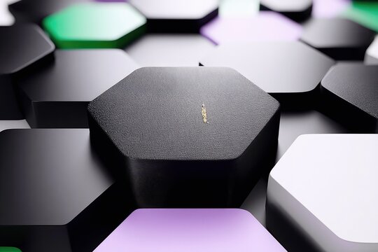 A close-up, abstract view of a tessellating hexagonal pattern with a textured dark gray hexagon in the foreground, surrounded by other hexagons in black, white,