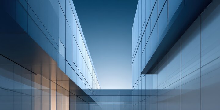 Symmetrical modern glass buildings with abstract reflections and blue sky.