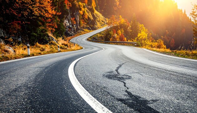 Winding asphalt road curving through a vibrant autumn landscape, bathed in warm sunlight - Powered by Adobe