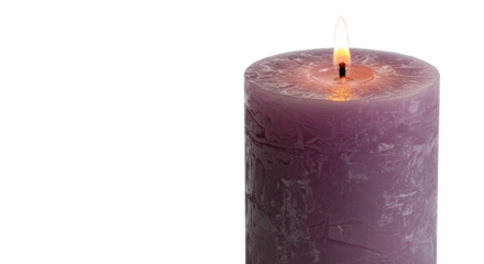 Thick purple pillar candle with a lit flame, isolated on transparent background