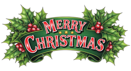 Merry christmas banner with holly leaves and red berries, isolated on transparent background