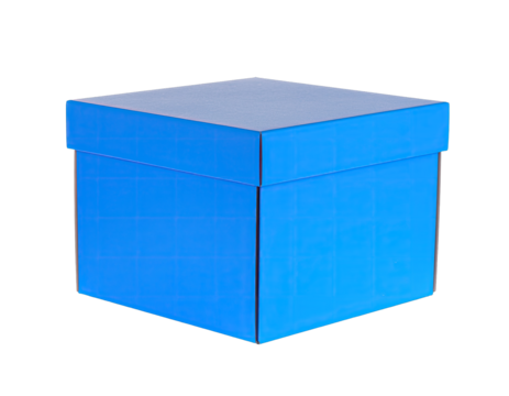 A Closed Blue Cardboard Box With A Textured Gray Lid And Reflective Lighting Against A Transparent Background