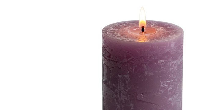Thick purple pillar candle with a lit flame, isolated on transparent background