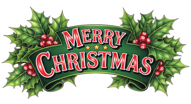 Merry christmas banner with holly leaves and red berries, isolated on transparent background