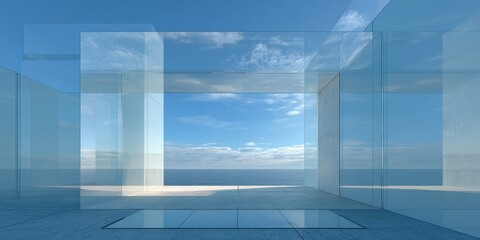 Obraz premium Minimalist Glass and Concrete Architecture Overlooking a Calm Ocean