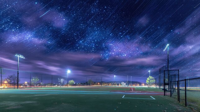 Night sky illuminated by stars above a quiet sports field in a small town, capturing the beauty of the universe and earthly activities