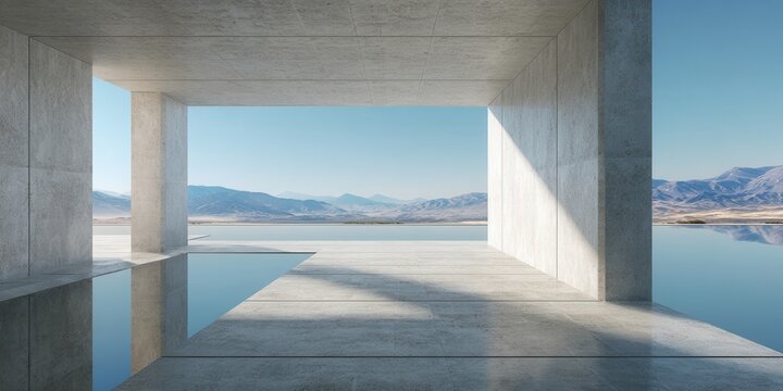 Minimalist Concrete Architecture Overlooking Serene Lake and Mountains