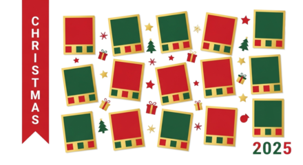 Christmas 2025 greeting card with red and green photo frames and festive elements isolated on transparent background