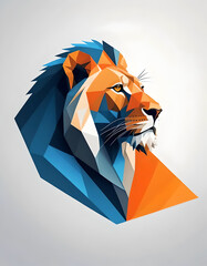 Geometric Lion Head: A Bold Blue and Orange Abstract Design