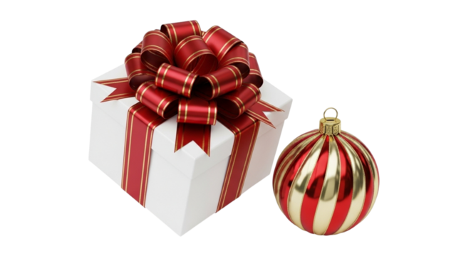 A white gift box with a red ribbon and bow next to a red and gold striped christmas ornament, isolated on a transparent background