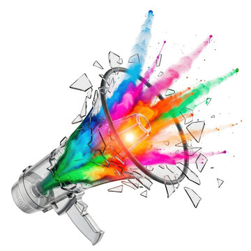 Shattered Megaphone Exploding with Vibrant Rainbow Colored Powder paint