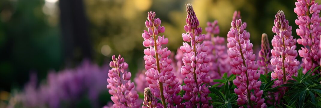 Vibrant pink lupine flowers in sunlit garden setting