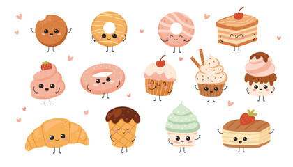 Cute cartoon set of sweets and pastries. Vector illustration.