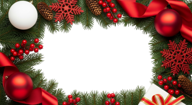 Christmas frame with fir branches, red baubles, pine cones, snowflakes and berries, isolated on transparent background