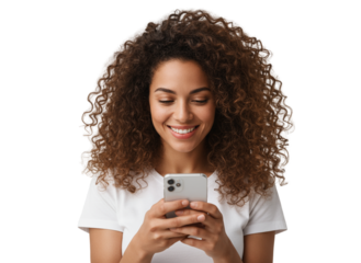 Happy Young Adult Woman Using Smartphone, Curly Hair Close-Up PNG