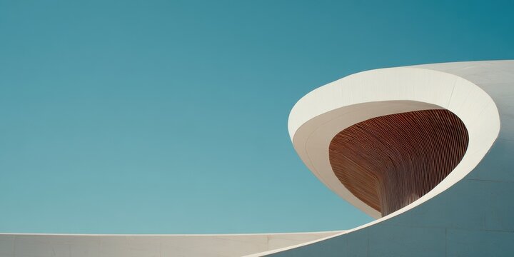 Minimalist White Curved Architecture with Warm Wooden Interior Against Blue Sky