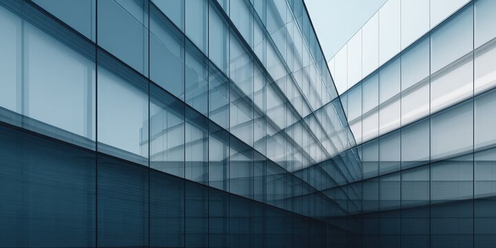 Dynamic abstract view of modern glass building complex with geometric lines.