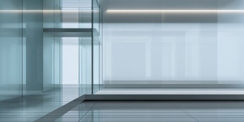 Fototapeta premium Modern minimalist interior with transparent glass walls and reflective floors creating depth.