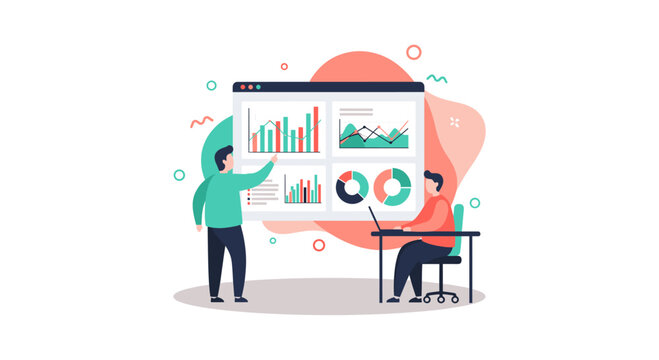 Two individuals analyze data on a large screen, discussing charts and graphs, representing business analytics and data analysis in a modern office setup.