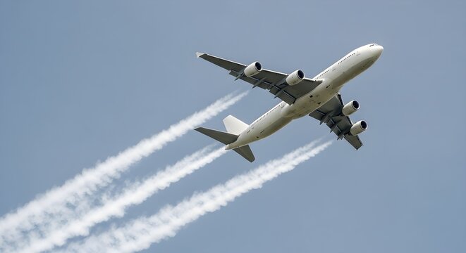 An airliner flies high above, leaving vapor trails against a bright, cloudless sky