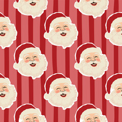 Vintage striped Christmas seamless pattern with Santa Claus faces. Red and pink vector winter holiday repeat background, wallpaper, textile design, wrap, gift paper. Hand drawn illustration.
