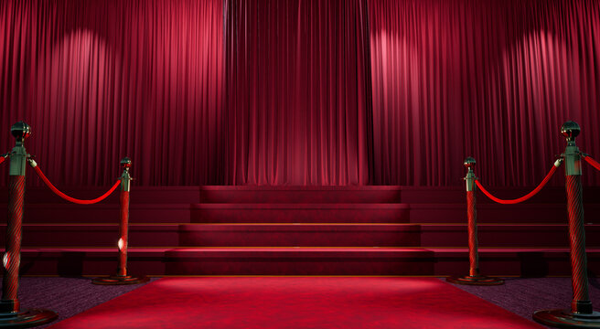 stairs with red carpet, Red carpet and velvet ropes leading up the staircase.