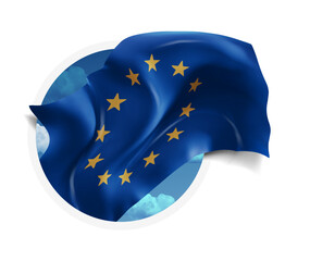 European Union, vector 3d flag against a blue sky, through a round hole on a white background