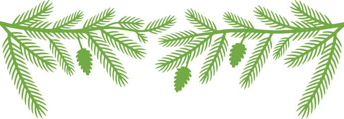 Green fir branches with cones border for nature or seasonal design. Vector