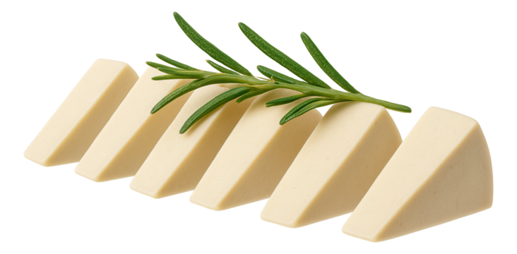 Wedges of cheese arranged in a line with a sprig of fresh rosemary on top.