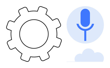 Large gear, blue microphone, and cloud highlight technology, voice recognition, and digital system control. Ideal for technology, voice AI, cloud computing, system settings innovation automation