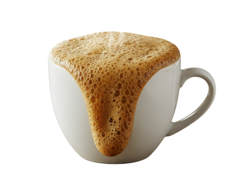 Overflowing Coffee Cup with Frothy Foam Spilling Over Edge, Energizing Morning Drink PNG
