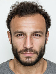 Close-up portrait of a young man with curly hair and beard on light background