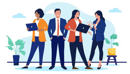 Smiling business team of professional people standing together with laptops, ready for teamwork and success. Group of businesspeople concept in flat design vector illustration