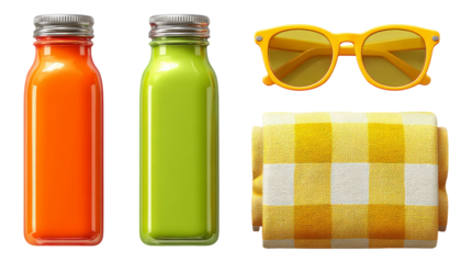 Bright Summer Accessories with Bottles and Sunglasses on Transparent Background