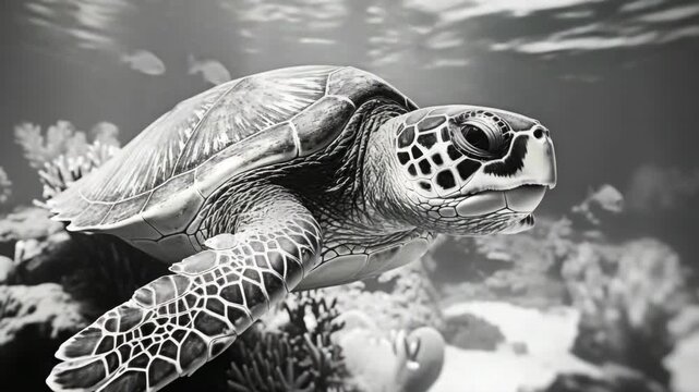 An adorable sea turtle baby swims through the underwater world, surrounded by fish and corals.