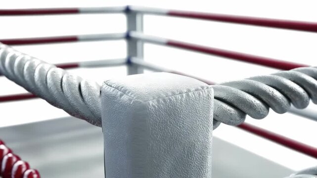 A close-up of a white padded corner post and twisted ropes of a fighting ring Red and white ropes are blurred in the bright neutral background