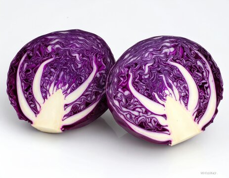 Halved red cabbage, purple leaves, white core detail