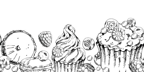 Blueberry and raspberry mousse macarons, whipped cream cupcake, mixed berries and dragee topped muffin hand drawn in vector ink. Long repeat visuals, seamless dessert strip, banners, menu headers.