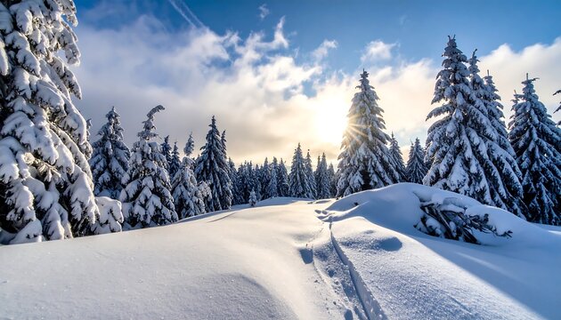 Winter landscape of snow-covered trees and hills under a bright sky with clouds and sunlight peaking through