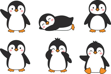 Fototapeta premium Cartoon Penguins in Varied Poses with Pink Cheeks, Joyful Mood, One-Panel Animal Character Vector Illustration on White Background