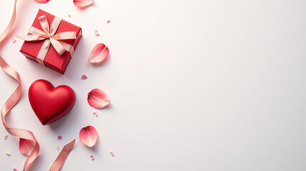 A red gift box, heart shape and pink ribbon with rose petals on a white background, perfect for valentines day, anniversaries, or any special occasion isolated on white background