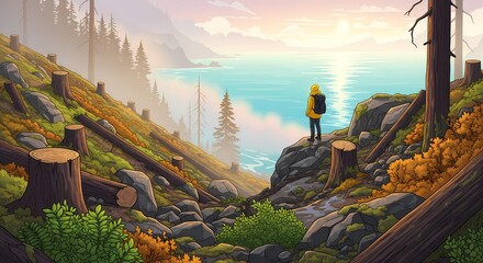 Person in yellow jacket with backpack standing on rocky slope overlooking lake and mountains at sunset surrounded by tree stumps showing deforestation and environmental impact